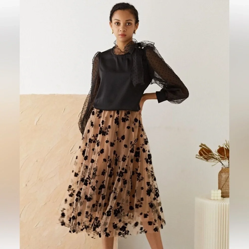 CHICWISH 3D Mesh Tulle Velvet Floral MIDI Skirt Fairycore Whimigoth Size 2XL-3XL - Picture 5 of 16